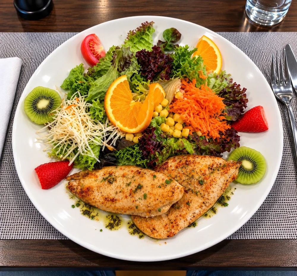 Assiette Fitness : filets de poulet et crudités