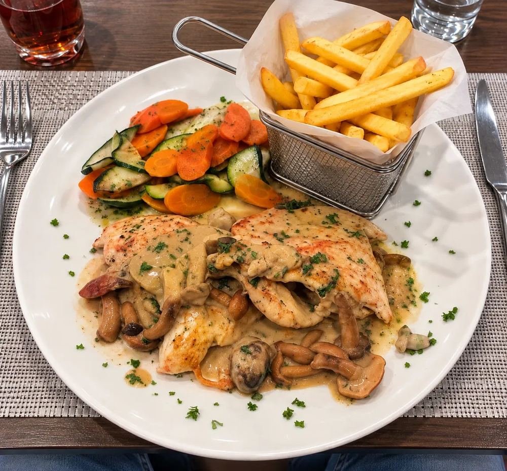 Escalopes de poulet, sauce crémeuse aux champignons, légumes et frites